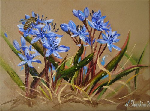 Vibrant Blue Flowers, Spring Flowers and Bee, Realistic Nature Scenery by Natalia Shaykina