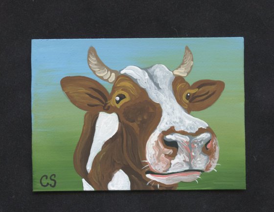 ACEO ATC Original Painting Brown White Cow Farmyard Art-Carla Smale