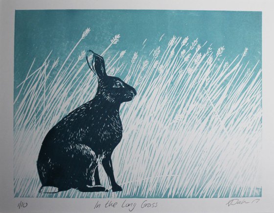 Through the Long Grass, Hare running Linocut, Mounted