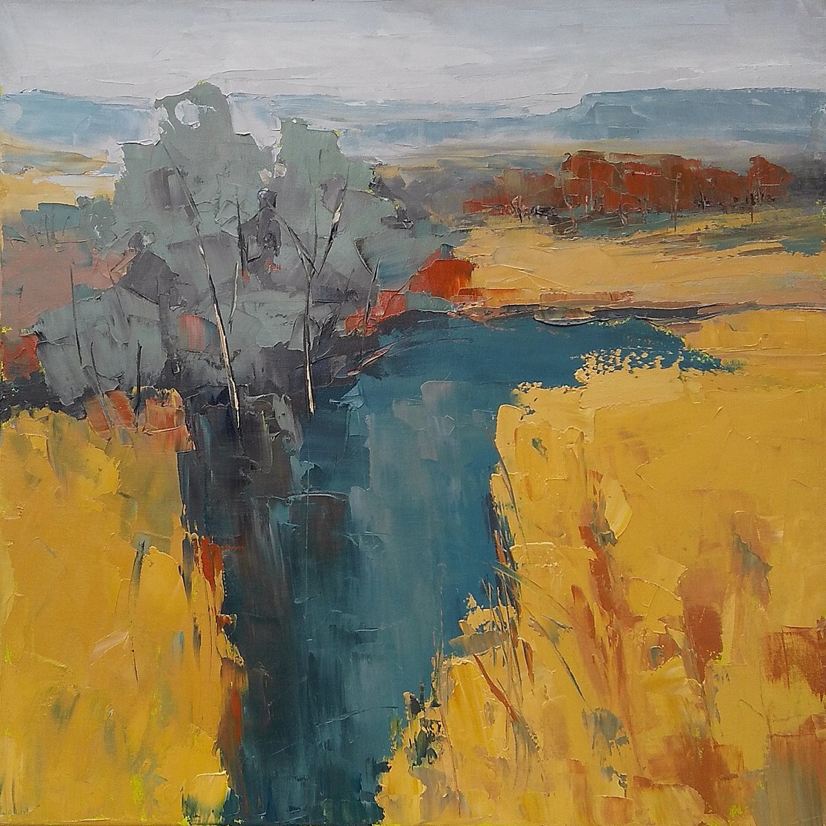 Expressive Landscape Oil Painting By Emilia Milcheva, 24 X 24, Autumn Deep, Original Artwork