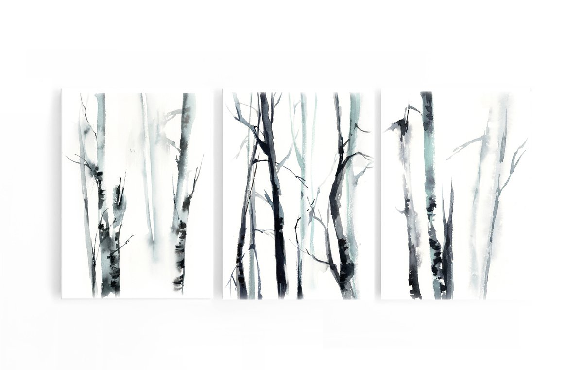 Birch trees forest watercolor painting 3 set by Sophie Rodionov