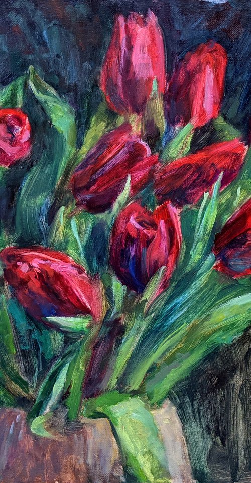 Tulips at dusk by Liudmyla Chemodanova
