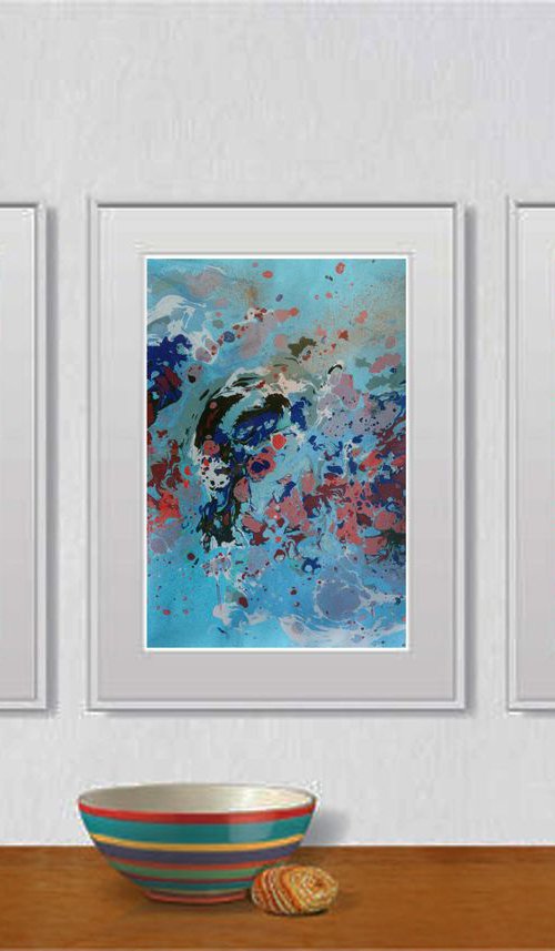 Set of 3 Fluid abstract original paintings on carton - 18J032 by Kuebler