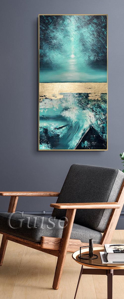 Soft Dance  - Original Abstract Teal Blue Gold Large Painting, Living Room Art, Minimalist Art, Wall Art Decor by Lana Guise