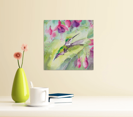 Hummingbird amongst fuchsia, Original watercolour painting