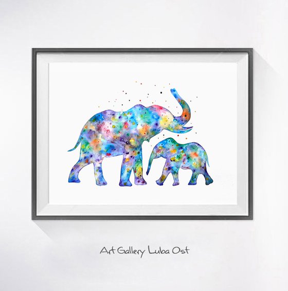 Family of elephants, colorful watercolor animals