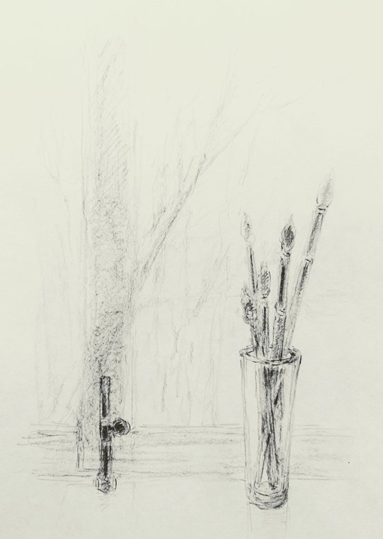 Window. Sketch. Original pencil drawing on paper