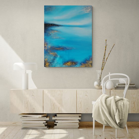 A XL large original modern semi abstract painting "Fifty shades of blue"