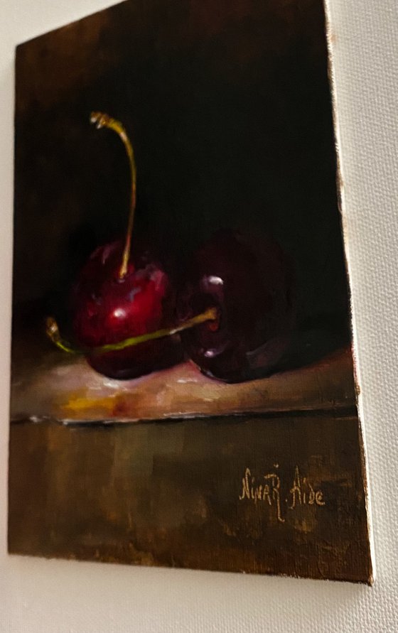 Red Cherries Original Oil Painting Still Life Chiaroscuro Fruit