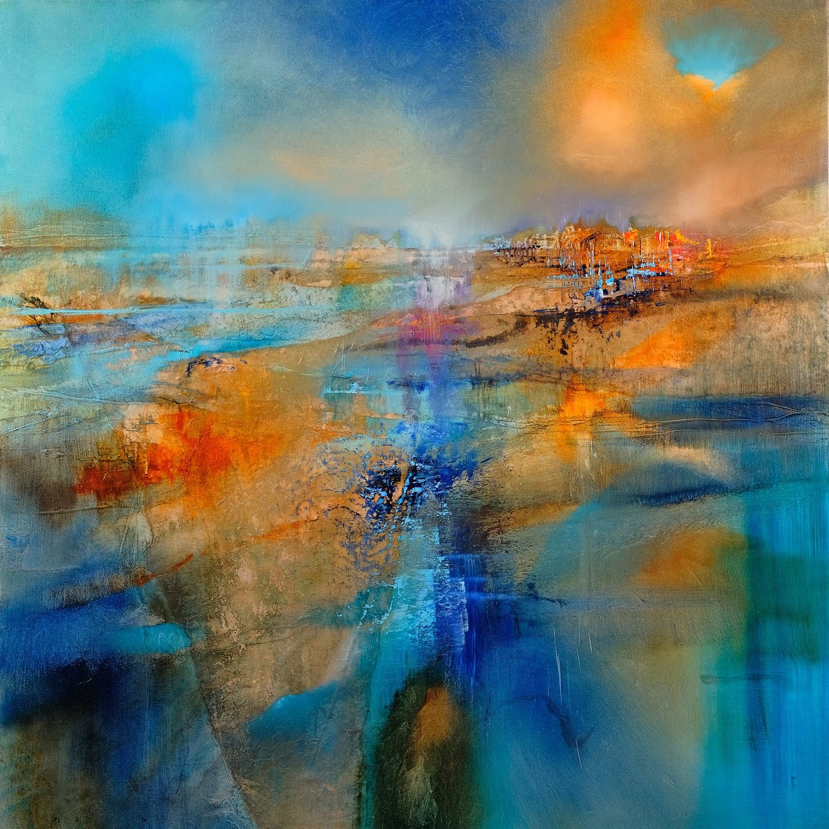 Impressionistic Landscape Oil Painting By Annette Schmucker, 39 X 39, Horizont, Original Artwork