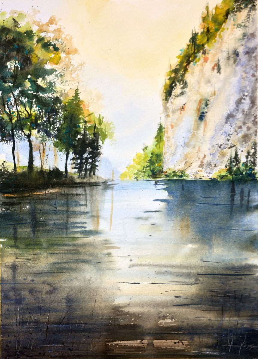 Tara Zaovinsko jezero - Spajici 25x36cm 2020 by Nenad Kojic watercolorist