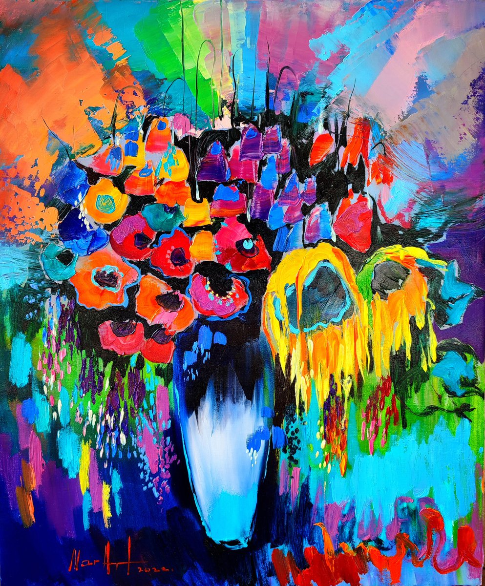 Colorful poppies (50x60cm, oil painting, palette knife) by Narek Jaghacpanyan