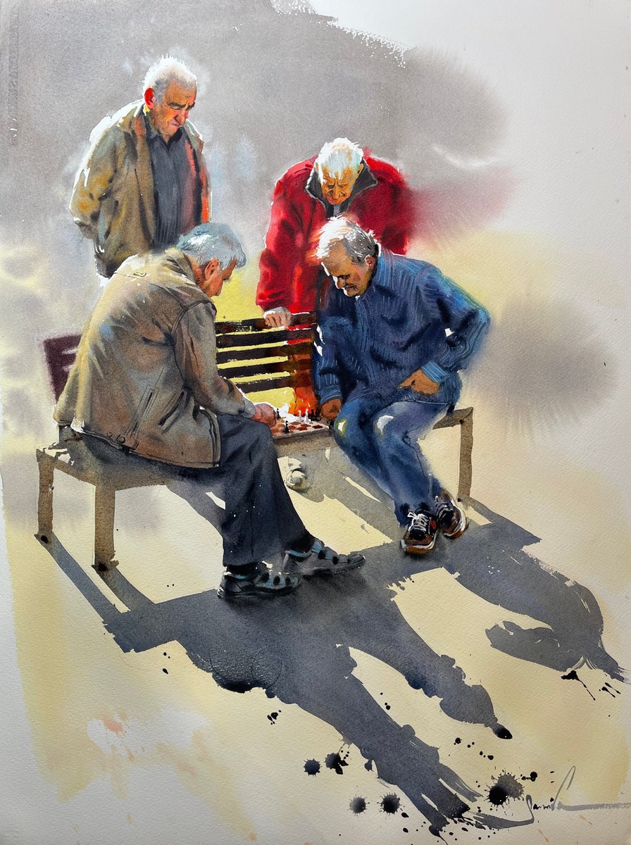 Expressive Portrait Watercolour By Samira Yanushkova, 22 X 30", Duel Of Light And Shadow, Original Artwork