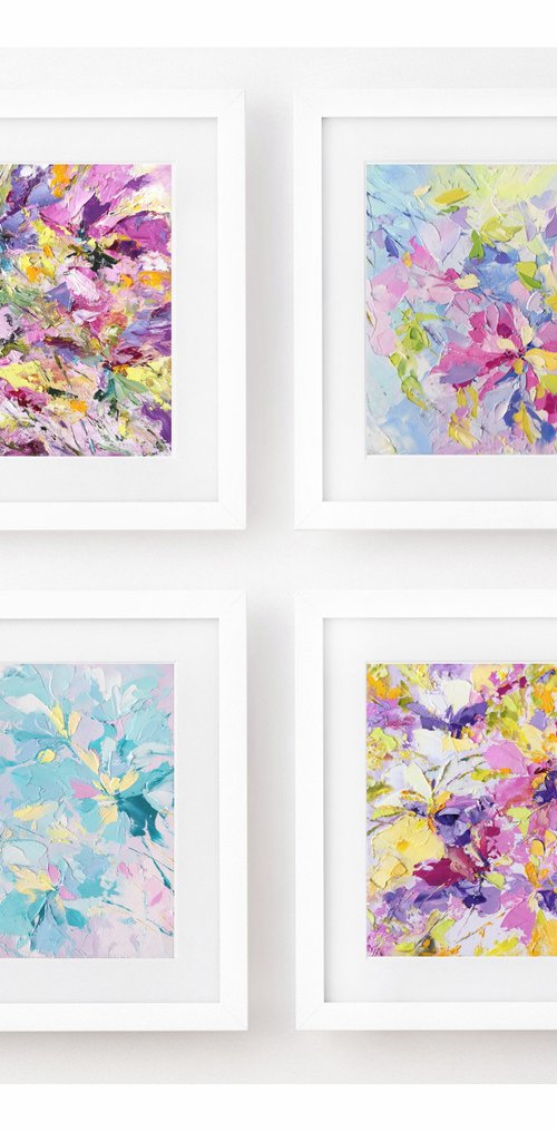 Set of 4 small floral paintings with abstract colorful flowers by Olga Grigo