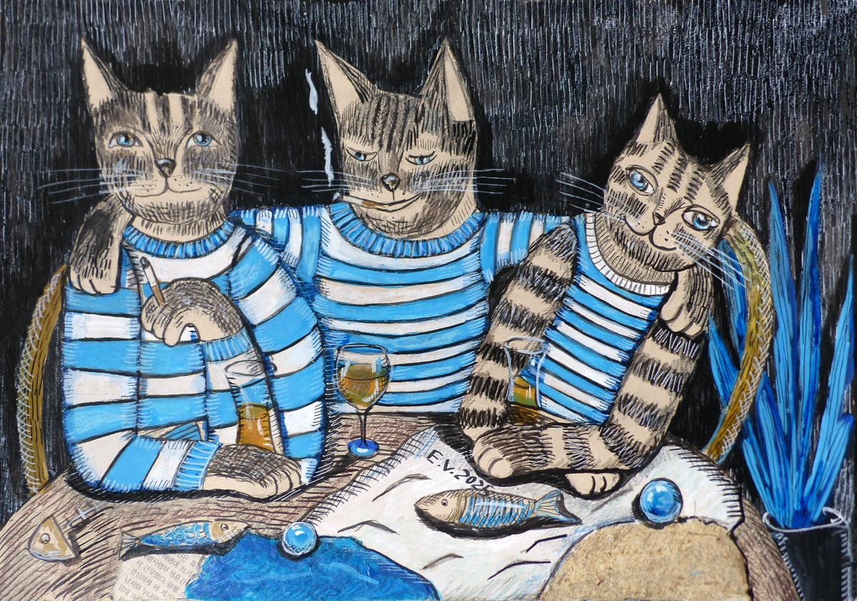 Naive Animal Painting By Elizabeth Vlasova, 17 X 12, Cats In A Bar, Original Artwork