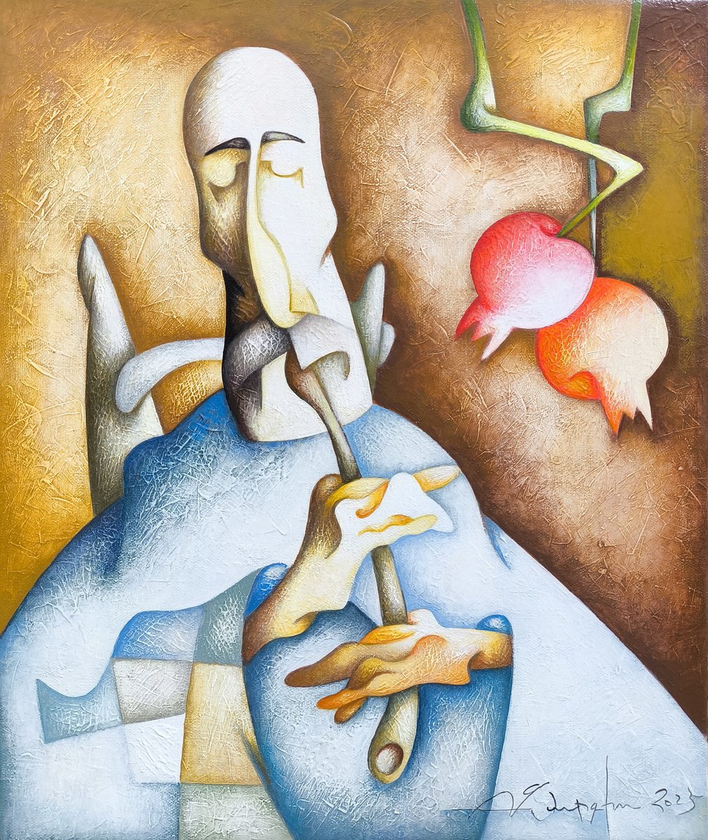 Naive Portrait Acrylic Painting By Sargis Zakarian, 16 X 20", Abundance And Inner Peace, Original Artwork