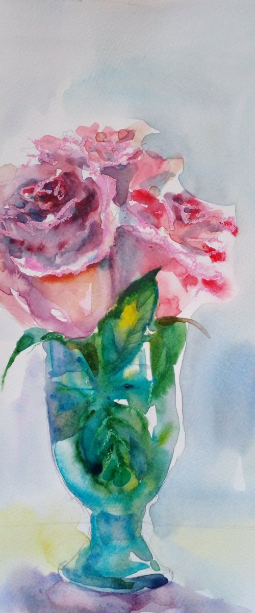 Three May Roses in a glass/study2 by Oxana Raduga