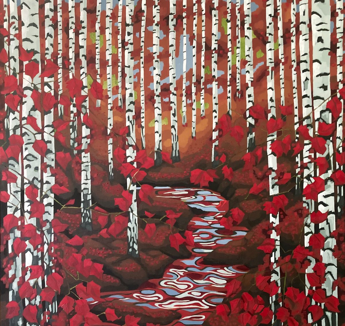 Expressive Landscape Oil Painting By Tarja Laine, 35 X 35", Red Forest, Original Artwork