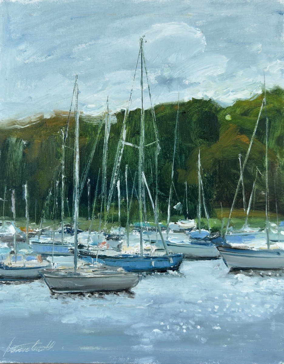 Impressionistic Landscape Oil Painting By Olha Laptieva, 10 X 12", Quiet Harbor, Original Artwork