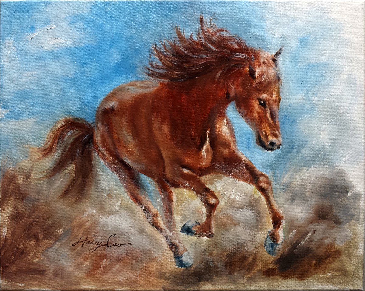 Expressive Animal Oil Painting By Henry Cao, 20 X 16, Running Horse 2, Original Artwork