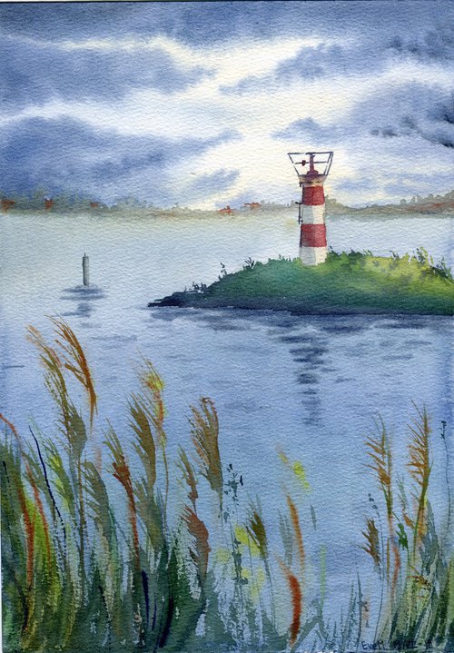 Old lighthouse. A storm is coming. Original artwork. by Evgeniya Mokeeva