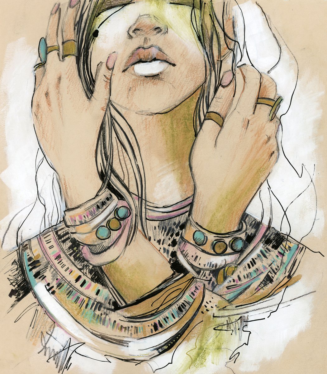 My hands n.1 Fashion portrait mix media drawing by Sophie Rodionov