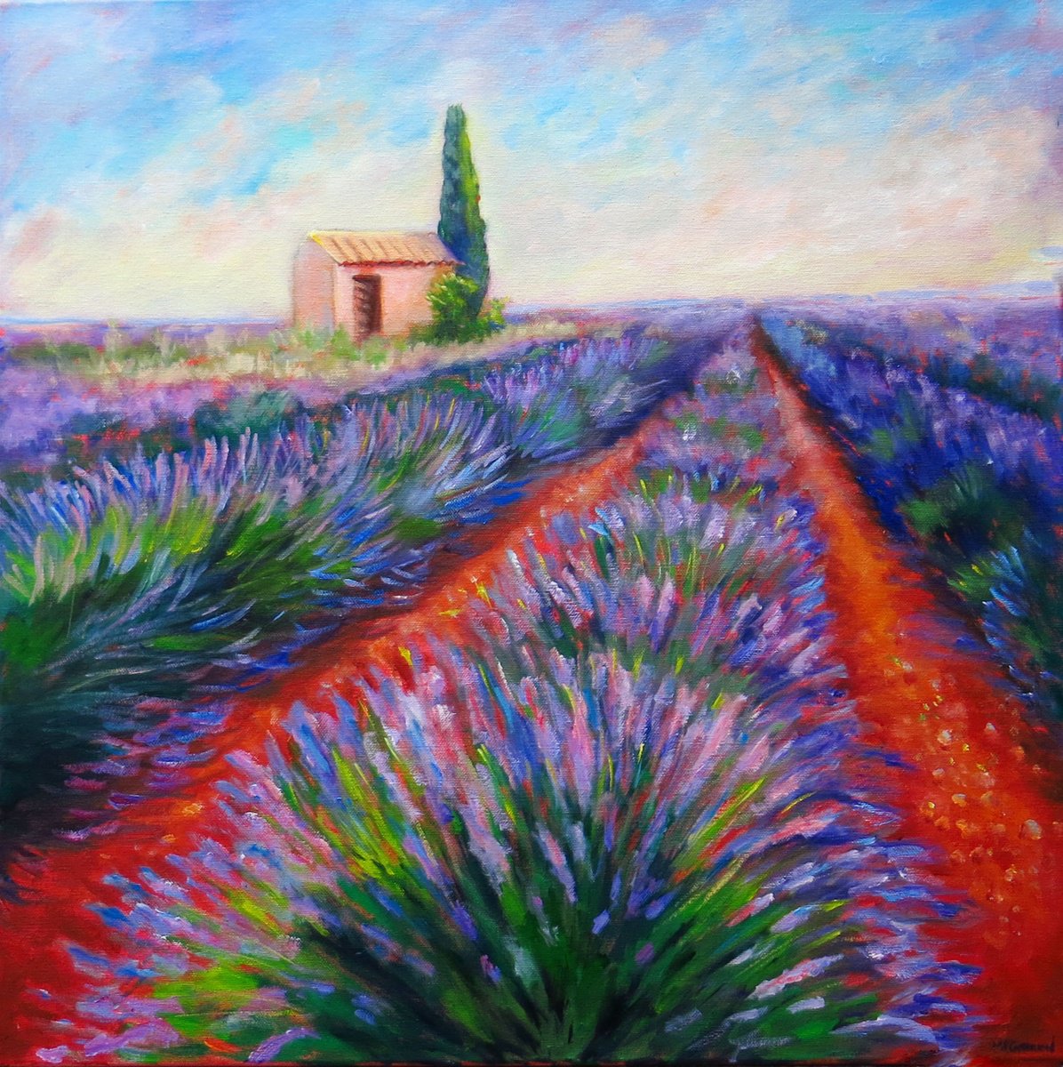 Impressionistic Botanical Oil Painting By Maureen Greenwood, 20 X 20", Lavender Fields, Original Artwork