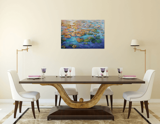 Painting - Water lilies at sunset - lily pond, original oil