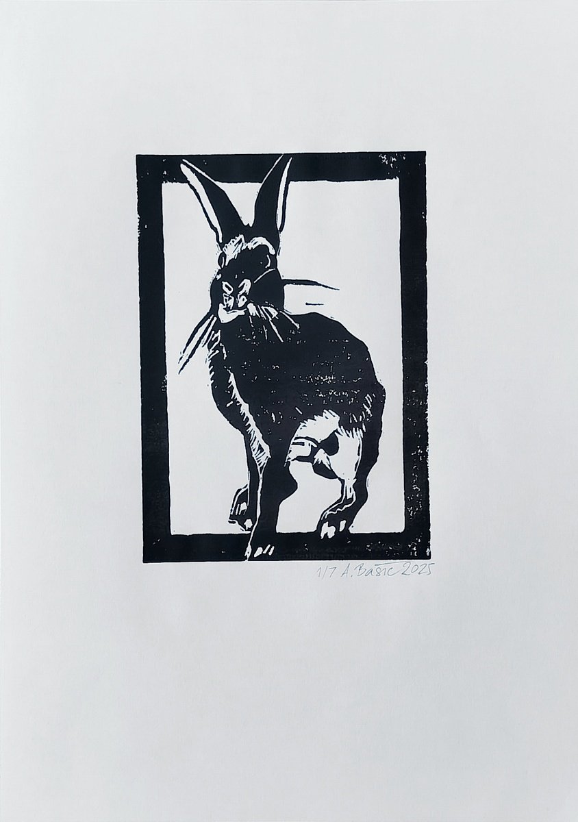 Expressive Animal Linocut By Aleksandar Basic, 12 X 17, Rabbit 1/7, Original Artwork