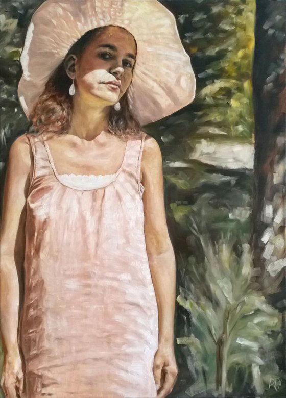 Her glance - large woman portrait figurative lady in hat