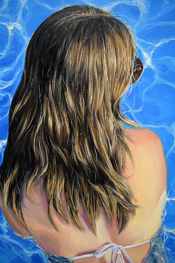 "My sweet august" -  100 x 60 cm / woman in pool, photorealism, water, summer, realistic, swimmer