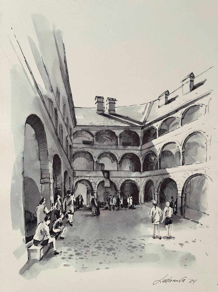 Graphic Cityscapes Drawing By Yuliia Ludanova, 9 X 13", Ptuj Castle View, Original Artwork