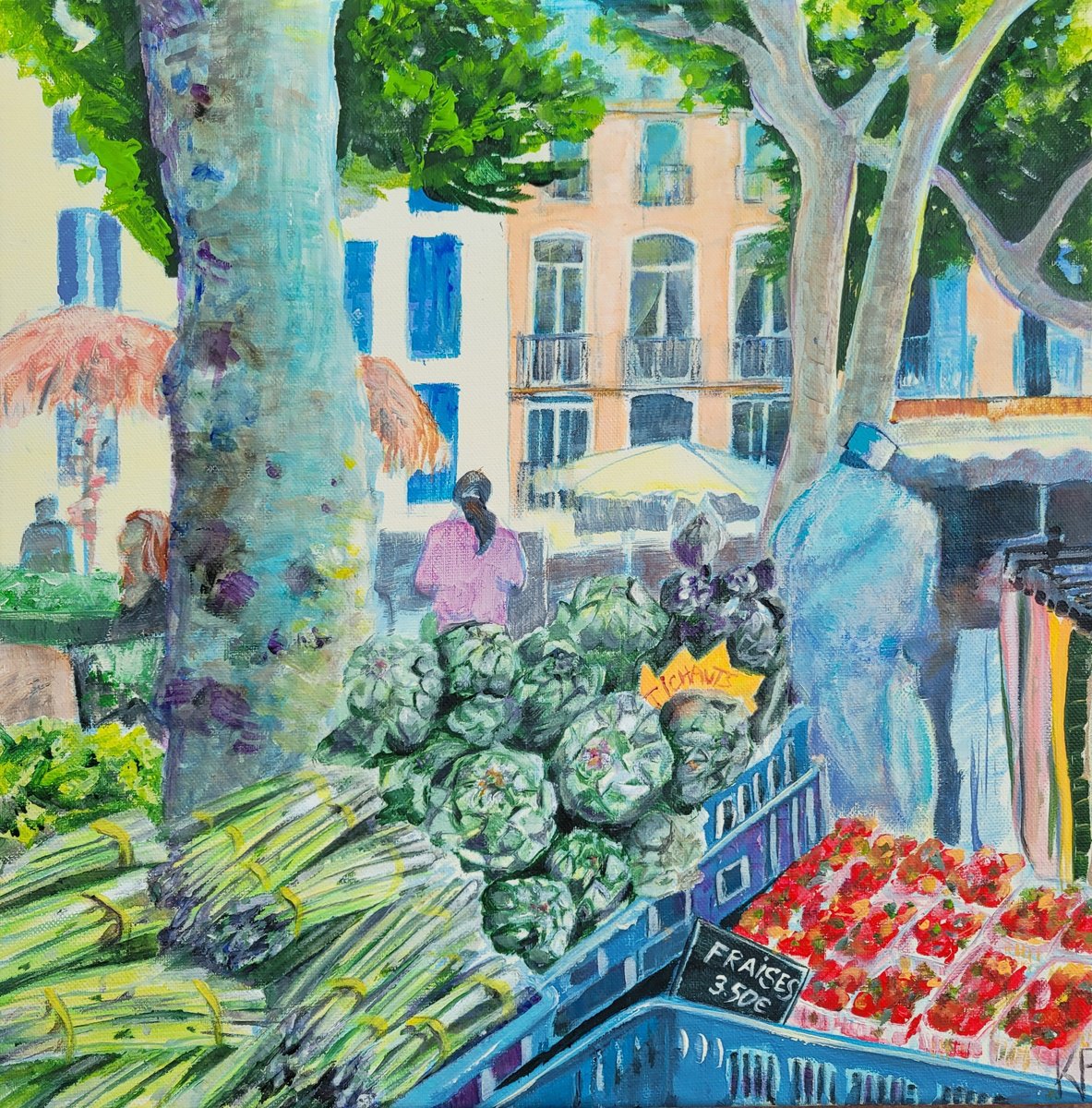 Impressionistic Cityscapes Acrylic Painting By Kathrin Floge, 16 X 16", Market In Collioure: Asperges Et Artichauts, Artfinder