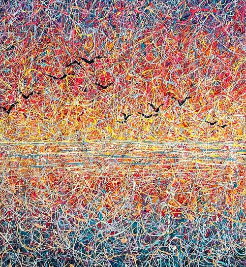 Sunset large painting Colorful sky Maldives Tropical landscape Pink Orange sunrise Jackson pollock by Nadiia Antoniuk