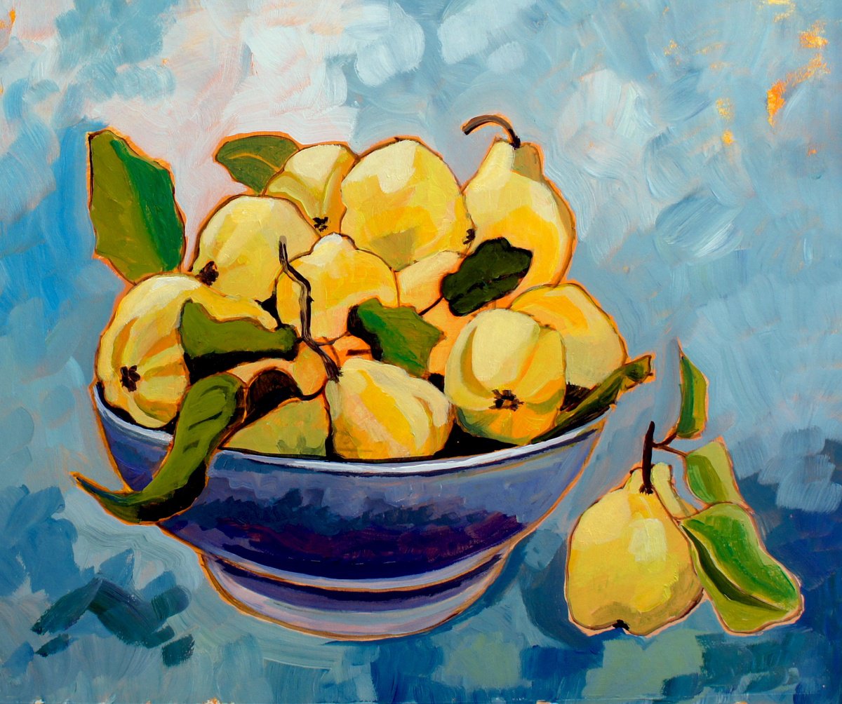 Impressionistic Still Life Acrylic Painting By Julia Rigby, 16 X 14", Bowl Of Quince, Original Artwork
