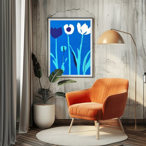 Blue Risograph of White Tulips