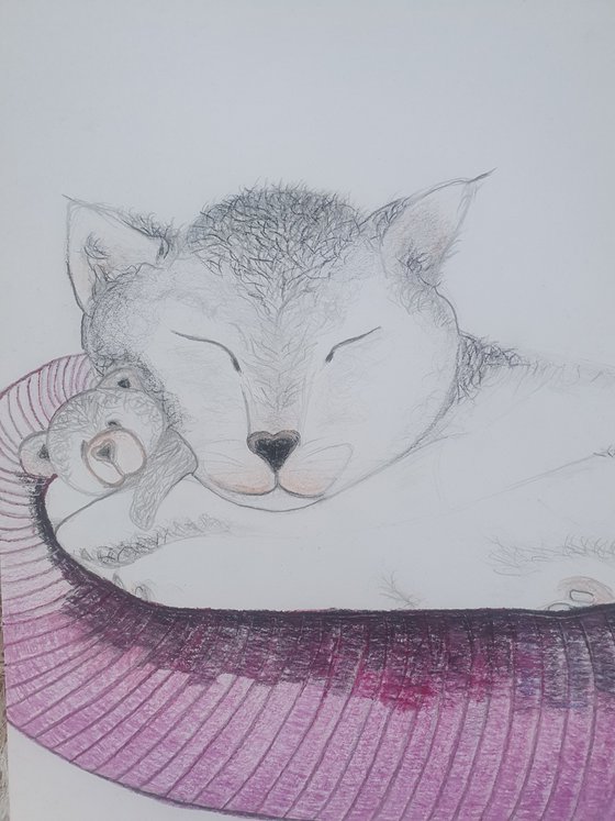 Cuddling with Teddy | Cat Drawing with Pencil and Watercolour Pencils A4 Size