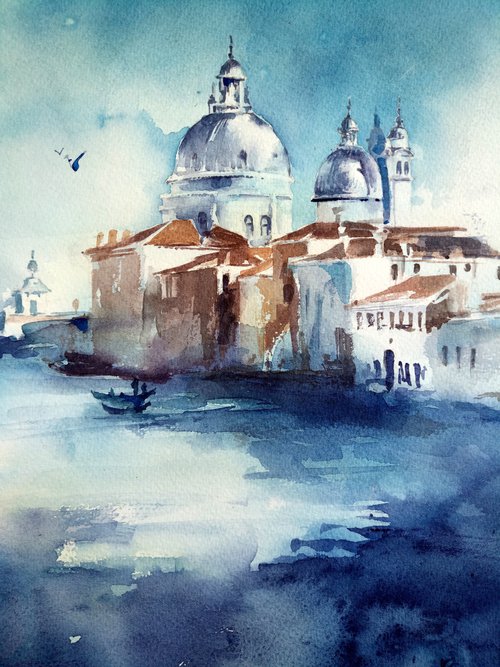 "Deep water of Venice. Architectural landscape" Original watercolor painting by Ksenia Selianko