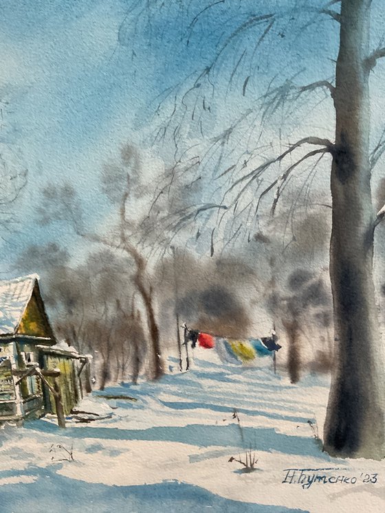 Winter washday, original watercolour