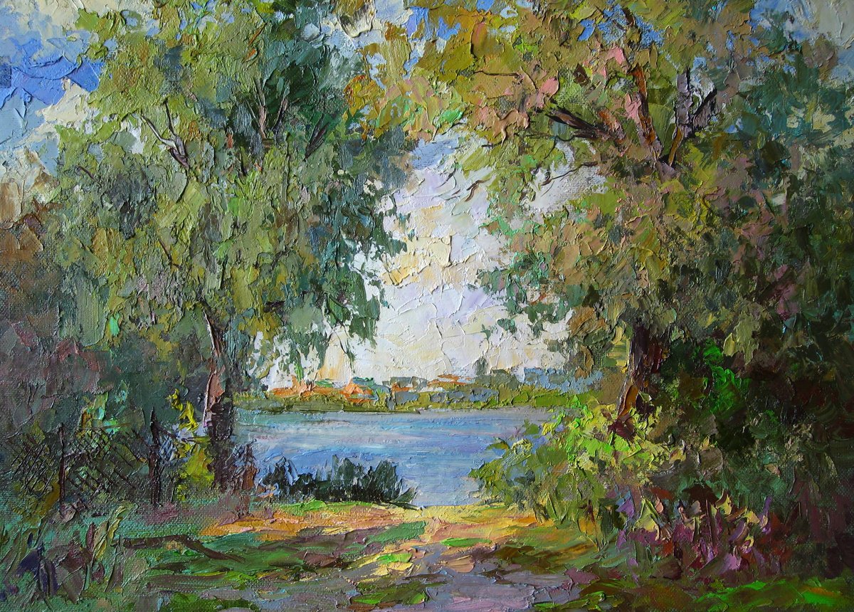 Impressionistic Landscape Oil Painting By Boris Serdyuk, 28 X 20, On The Shore, Original Artwork