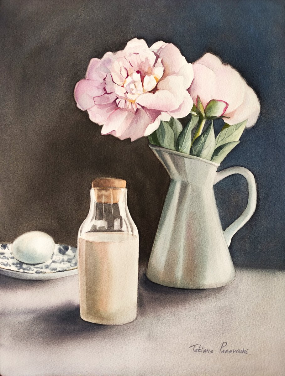 Photorealistic Botanical Watercolour By Tatiana Paravisini, 12 X 16", Milk And Peonies, Original Artwork