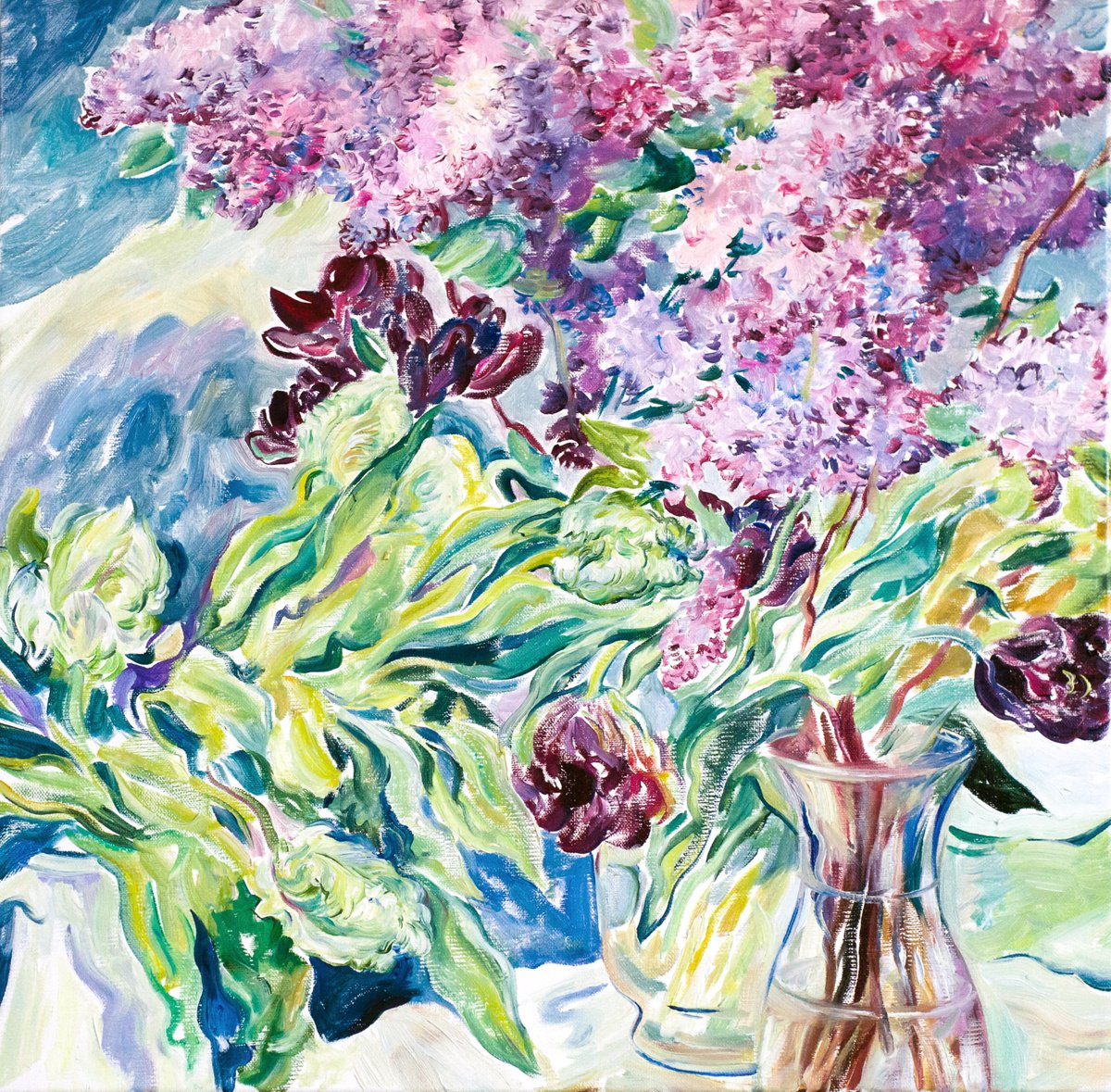 Impressionistic Botanical Oil Painting By Daria Galinski, 20 X 20, Still Life With Lilacs, Original Artwork