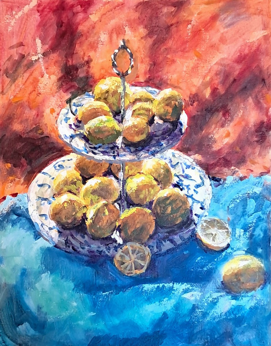  Red Blue And Lemons By Dimitris Voyiazoglou, 15 X 19, Artwork For Sale On Artfinder
