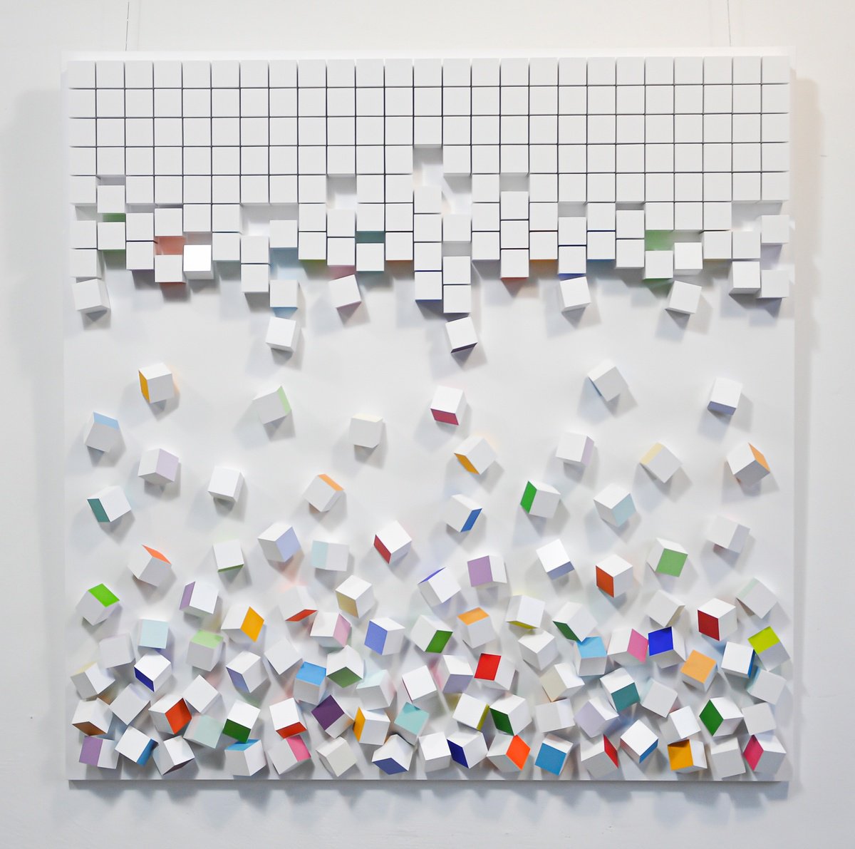 Geometric Abstract Wood Sculpture By Andrij Savchuk, 39 X 39, Colorful Falling, Original Artwork