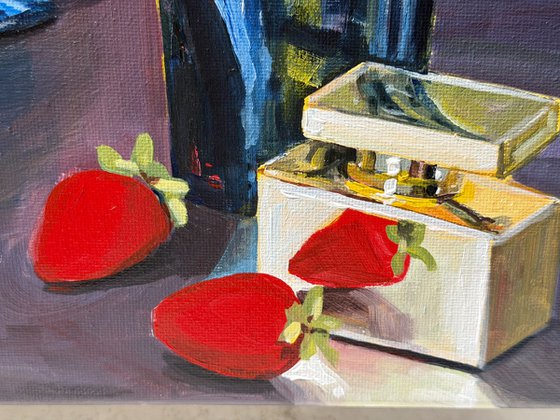 Still life when Red Wine and Strawberries