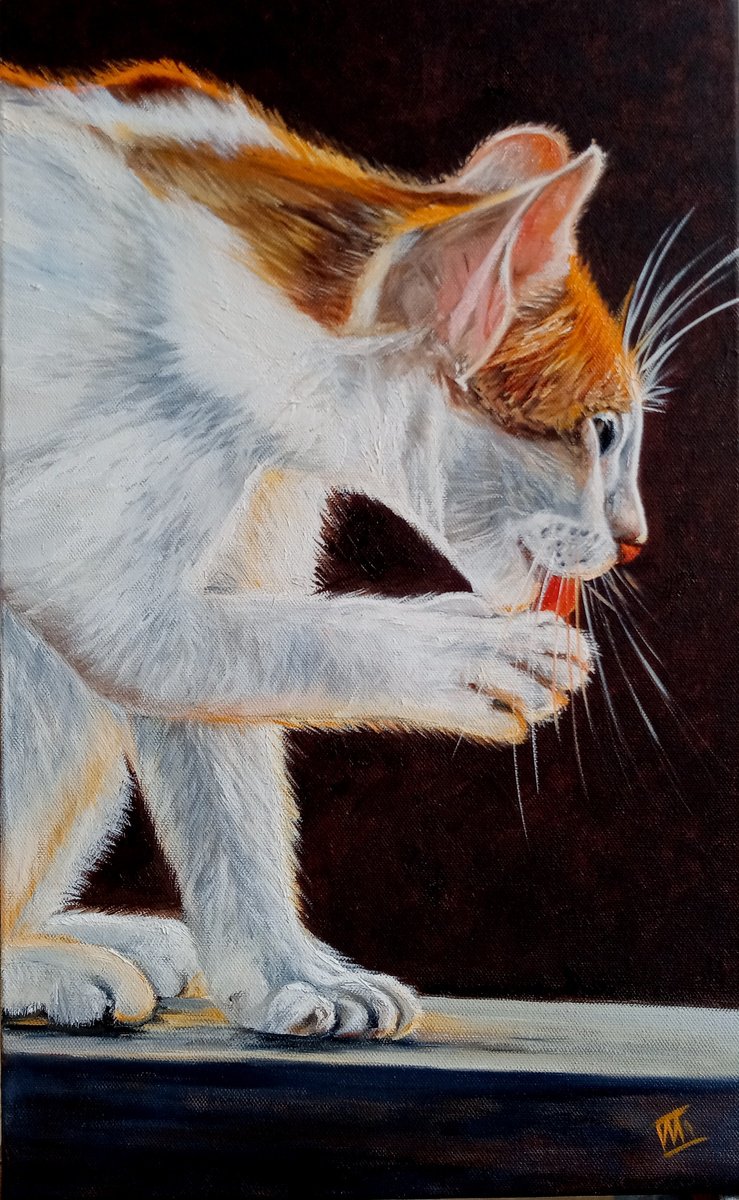 Photorealistic Animal Oil Painting By Ira Whittaker, 12 X 19, Tender Pause, Original Artwork
