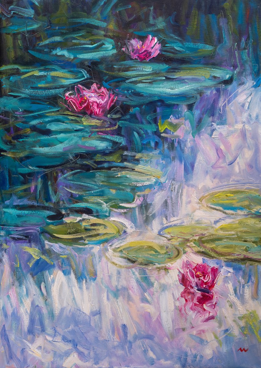 Expressive Landscape Oil Painting By Vasyl Moldavchuk, 20 X 28", Water Lilies, Original Artwork