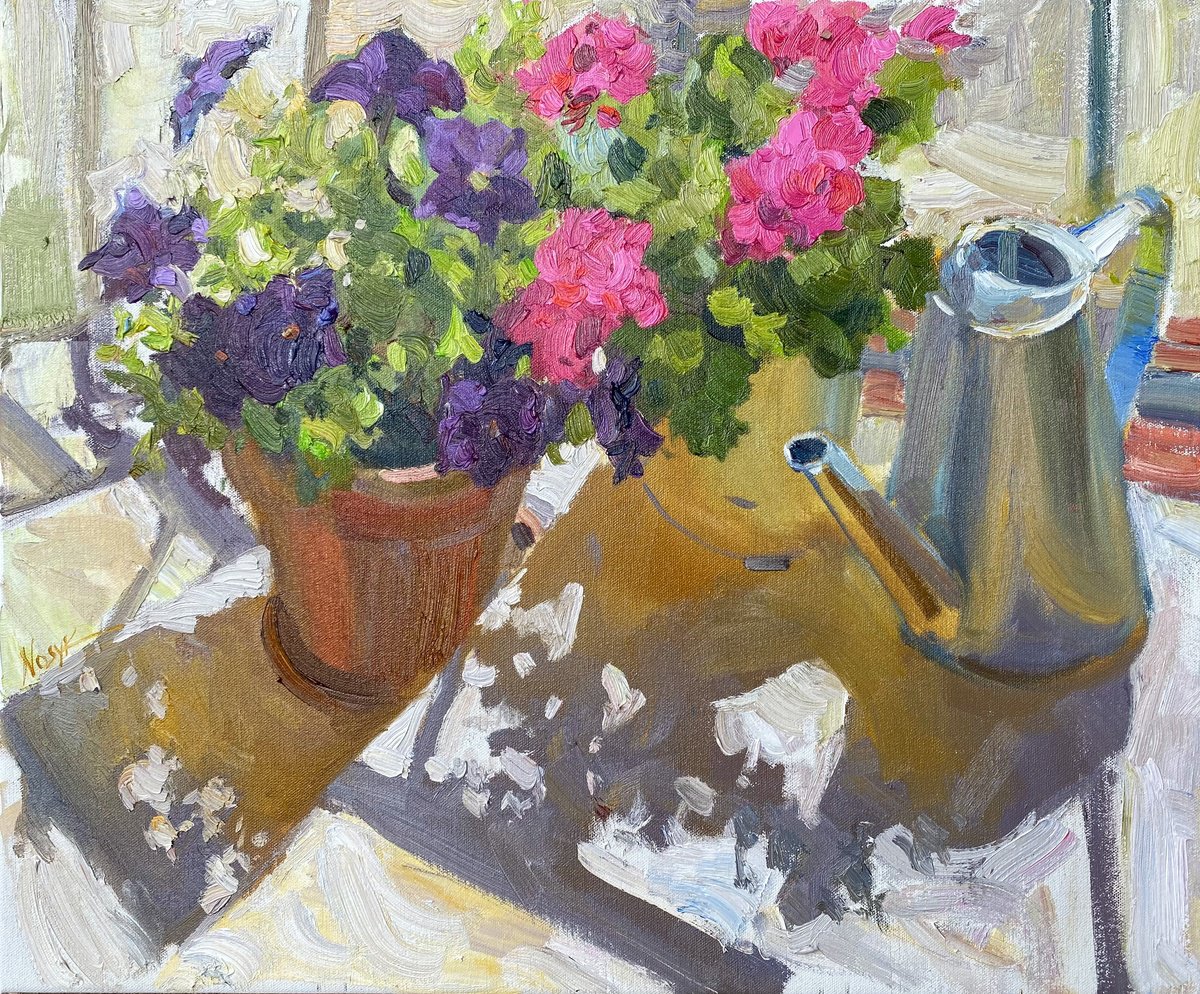 Impressionistic Botanical Oil Painting By Nataliia Nosyk, 24 X 20", Flowers On My Porch, Original Artwork