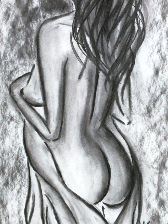 Female Nude Drawing Original Charcoal Sketch Black Monochrome Artwork Woman Nude Back View Home Wall Art 12 by 17"