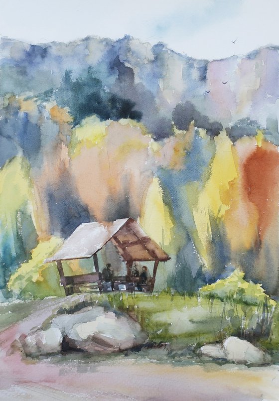Watercolor painting Landscape In the mountains